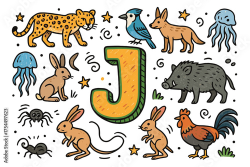 Jungle alphabet: animals starting with j in playful black and white illustration