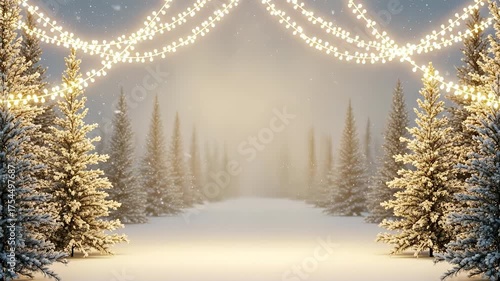 A serene and peaceful winter scene depicting a snow-covered forest with evergreen trees, their branches laden with snow. Soft lighting creates a warm, inviting glow that contrasts with the cool blue o
