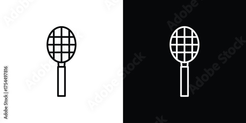 Tennis racket icon in black line illustration. Design logo for app, UI.