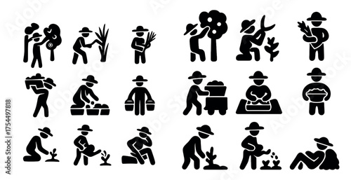 Agriculture and farming solid icons set – silhouette, farming symbols, agribusiness tools