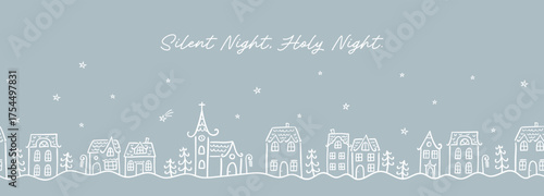 Cute hand drawn seamless doodle houses, christmas town with stars and decorated houses, great for banners, wallpapers, invitations - vector design