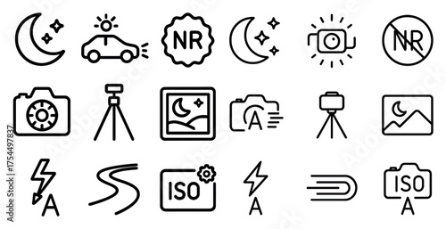 Photography line icons set – camera, aperture, night photography symbols
