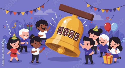 An exciting flat design illustration depicting a group of chibi characters eagerly participating in a New Year's Eve countdown to 2026.