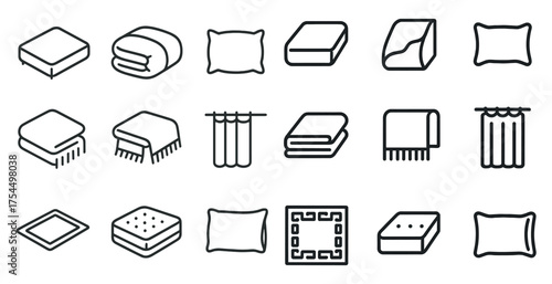 Bedding and linen outline icons set – silhouette, line, home decor and textile symbols