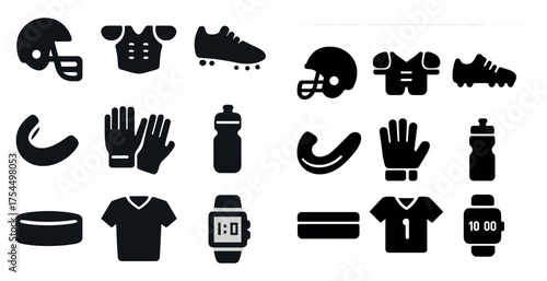American football solid icons set – silhouette, sports, equipment symbols