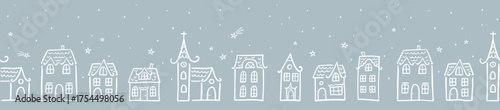 Cute hand drawn seamless doodle houses, christmas town with stars and decorated houses, great for banners, wallpapers, invitations - vector design