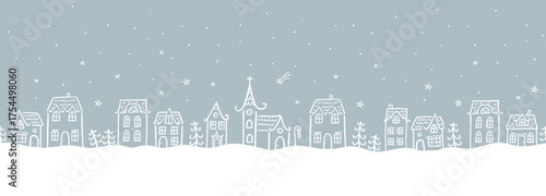 Cute hand drawn seamless doodle houses, christmas town with stars and decorated houses, great for banners, wallpapers, invitations - vector design