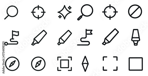 Navigation and adventure icons set in outline style – explore, map, travel symbols