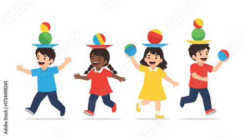 Joyful Balancing Act: Energetic children master the art of balance as they playfully balance colorful balls on plates, filled with glee and playful energy.