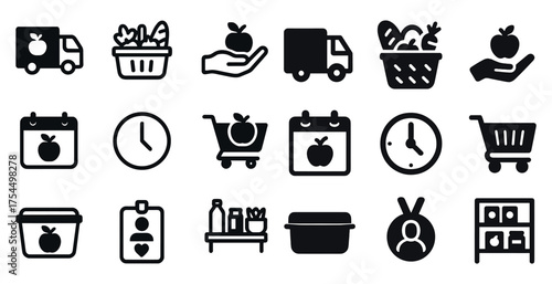 Grocery and shopping solid icons set – flat, filled, market and retail symbols