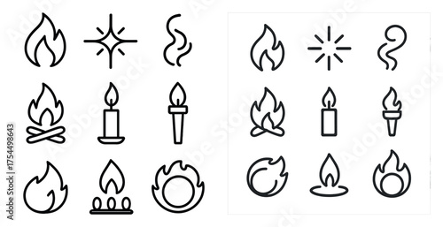 Fire and flame outline icons set – silhouette, campfire, burning and heat symbols