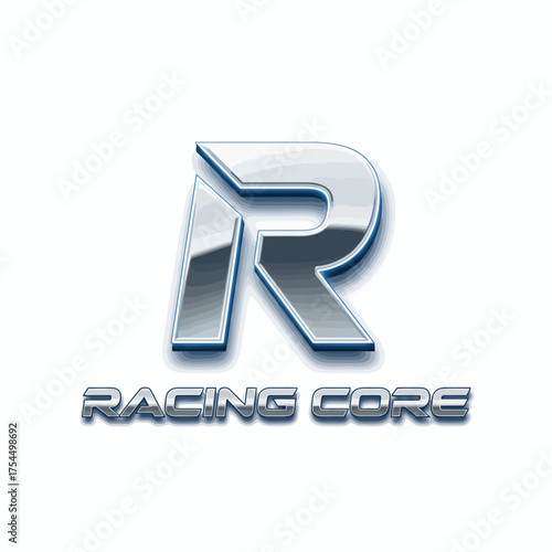Chrome 3D letter R with glow and shadow, symbol of speed and high tech.