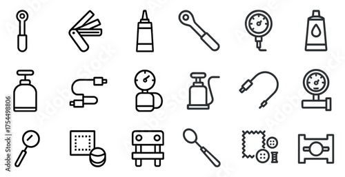 Mechanical tools outline icons set – linear, line, workshop and instrument essentials