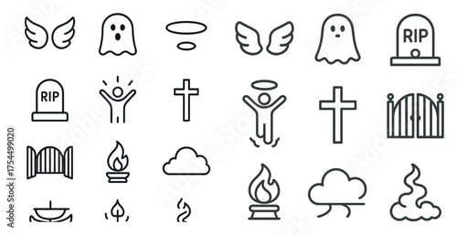 Funeral and memorial outline icons set – linear, silhouette, remembrance symbols