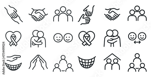Community and connection icons set – outline, linear, social interaction symbols