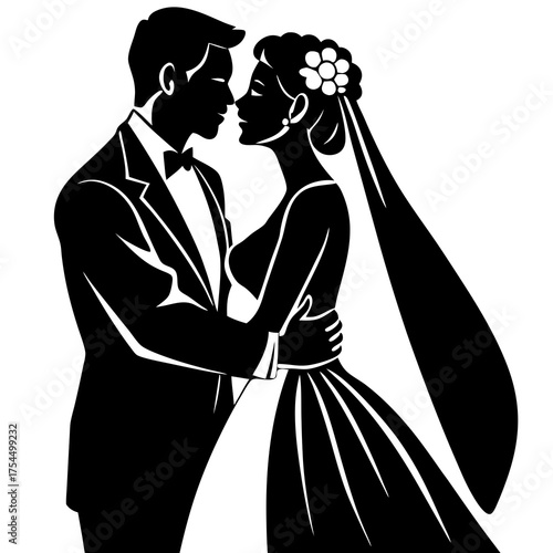 Romantic Bride and Groom Kiss Vector Illustration for Wedding Designs