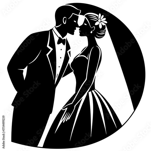 Romantic Bride and Groom Kiss Vector Illustration for Wedding Designs