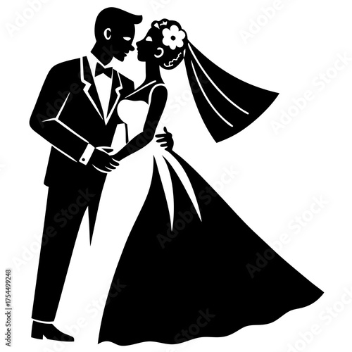 Romantic Bride and Groom Kiss Vector Illustration for Wedding Designs