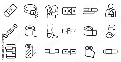 Medical and healthcare outline icons set – linear, orthopedic, bandage symbols