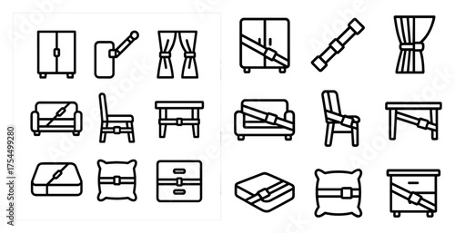 Home furniture outline icons set – linear, silhouette, interior decor elements collection