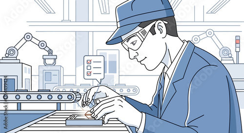 Factory worker carefully inspecting product on assembly line.