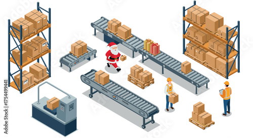 Santa's workshop isometric warehouse scene with conveyor and workers
