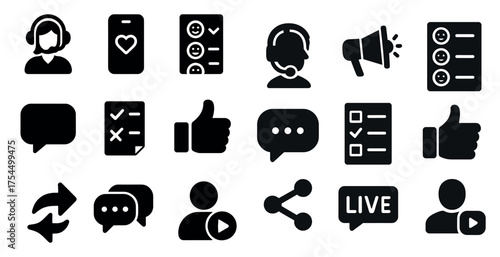 Customer service solid icons set – call, chat, support and helpdesk graphics