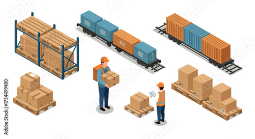 Isometric warehouse logistics with cargo trains, workers, and packaging elements