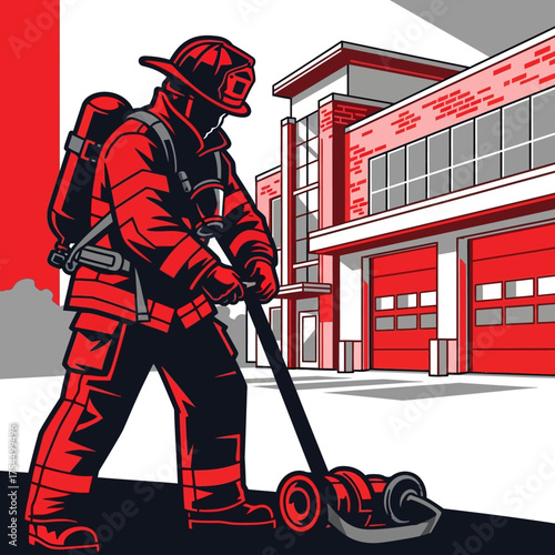 Firefighter in full gear with a hose near fire station.