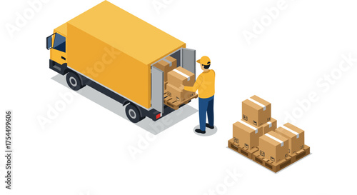 Isometric courier loading delivery truck with cardboard boxes