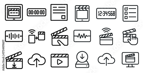 Video production outline icons set – linear, film, media editing symbols
