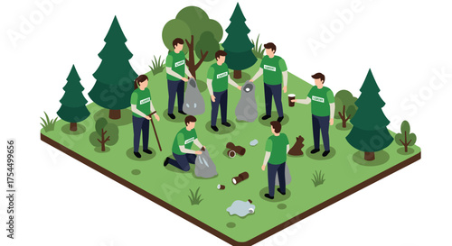 Community cleanup event in a park with volunteers collecting litter