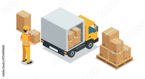 Efficient delivery concept with isometric truck and worker loading boxes