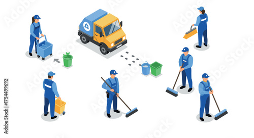 Isometric sanitation workers and garbage truck scene with cleaning tools