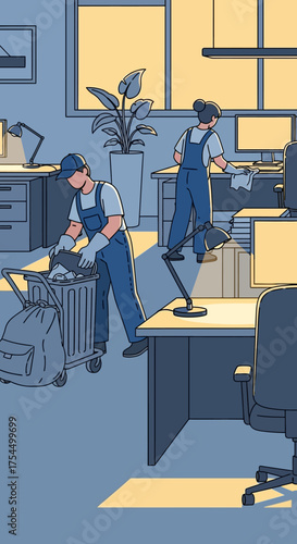Office cleaners diligently working to maintain a clean workspace.