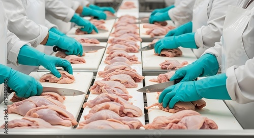 Workers in blue gloves processing raw chicken on a conveyor belt
