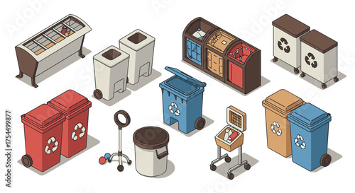 Isometric recycling bins and waste management solutions in urban settings