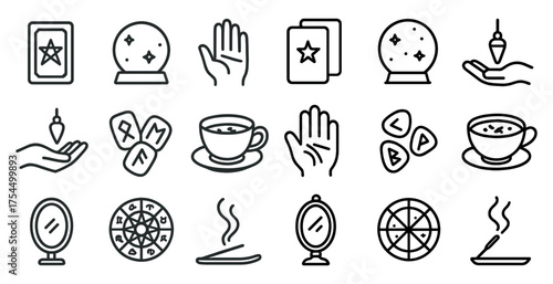 Fortune telling line icons set – tarot, crystal ball, mystic symbols collection