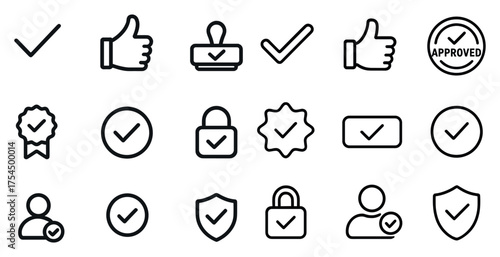 Approval and verification icons set – outline, linear, checkmark symbols