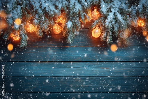 Snowy Christmas Background with Orange Baubles and Fir Branches