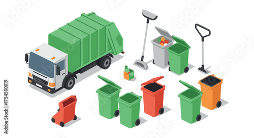 Waste management collection with recycling bins and garbage truck in isometric design
