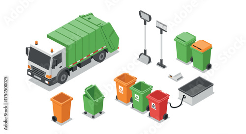 Colorful isometric waste management set with garbage truck and bins