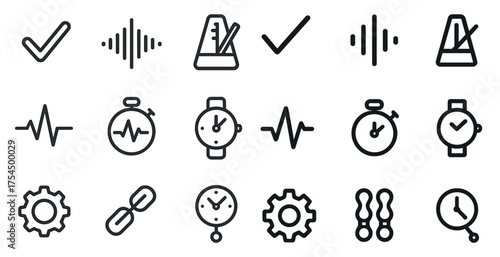 Time and rhythm linear icons set – solid, outline, stopwatch and metronome graphics
