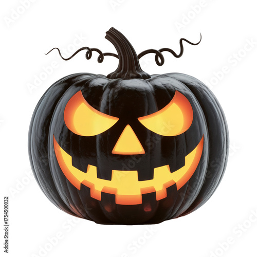 Glossy black Halloween pumpkin with glowing carved face, spooky jack-o-lantern with evil eyes, isolated on white