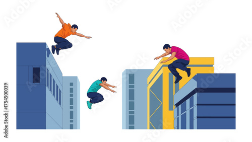 Dynamic Parkour Action: Three agile individuals navigate urban architecture with skillful parkour moves, showcasing agility, strength, and precision in a vibrant display of urban sport.