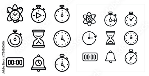 Time and clock outline icons set – linear, line, stopwatch and hourglass symbols