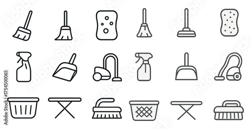 Cleaning tools outline icons set – tidy, neat, housekeeping symbols and equipment