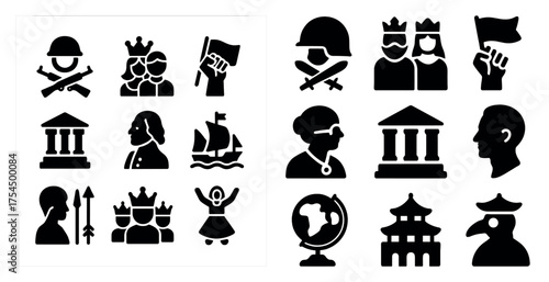 Historical and cultural silhouette icons set – solid, filled, heritage and history symbols