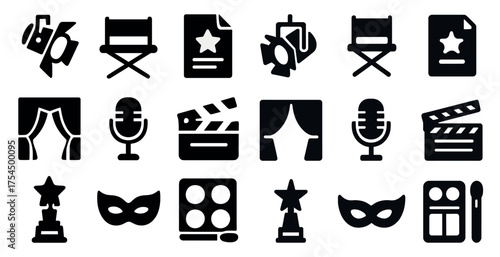 Entertainment and media icons set – solid, filled, movie and show business symbols