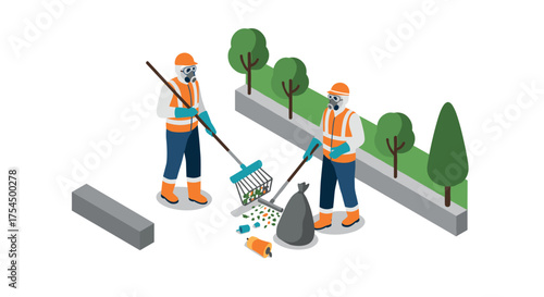 Isometric city cleanup crew in action with safety gear and equipment